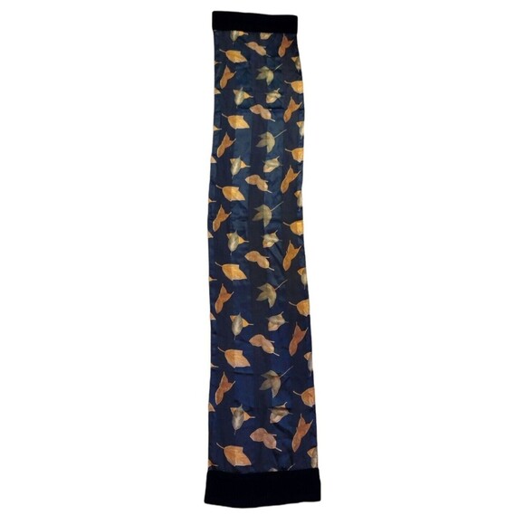 Fall Sheer Scarf Neckerchief Wrap Table Runner Blue Brown Leaves Velvet Edge SEE - Picture 1 of 6